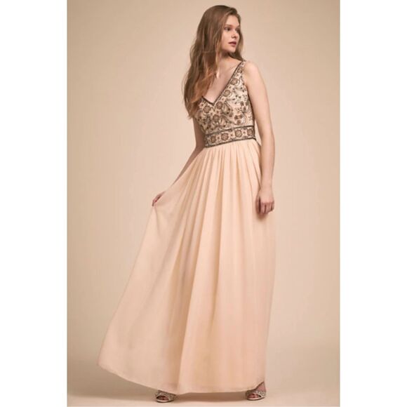 BHLDN Dresses & Skirts - BHLDN Mischa Beaded Maxi Formal Dress in Beige Size 12